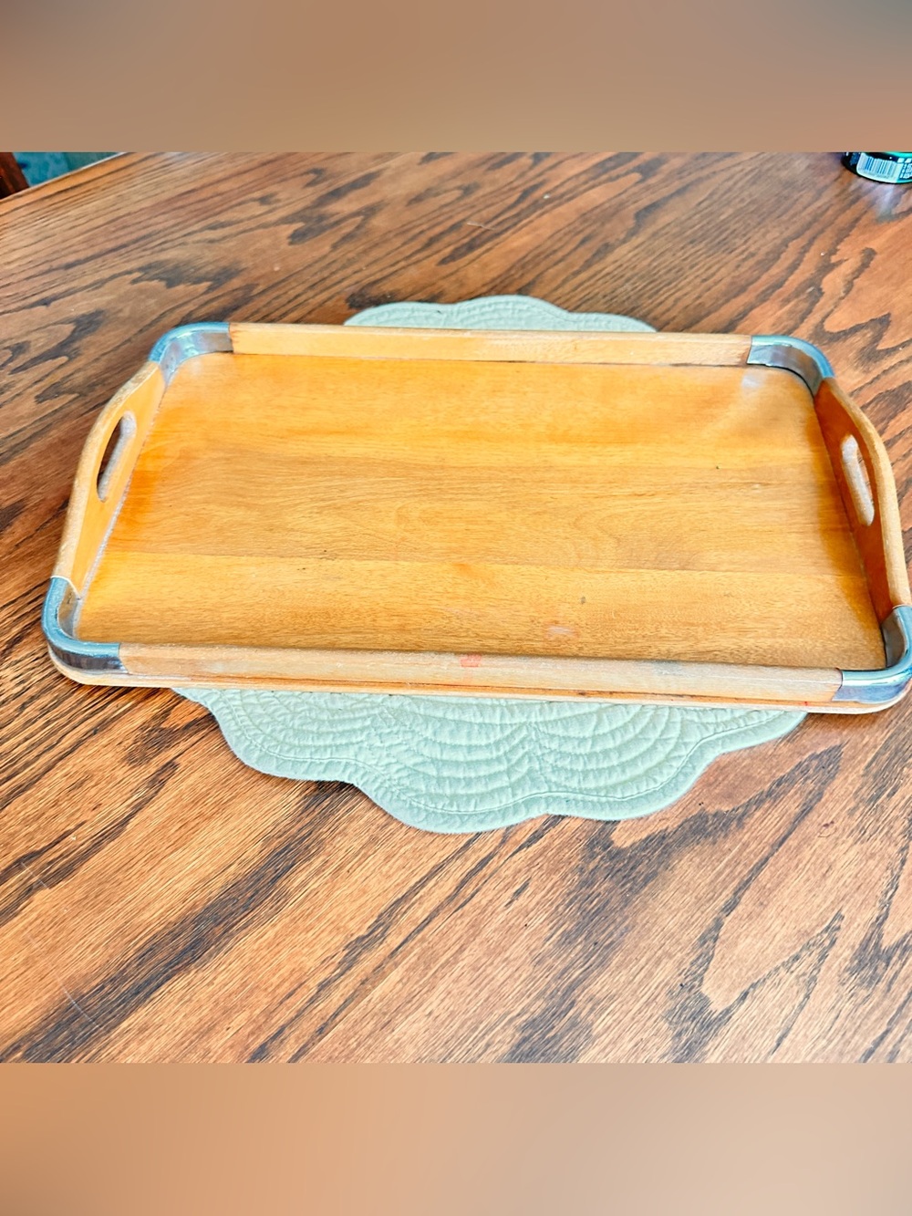 Vintage wood serving tray with metal edges